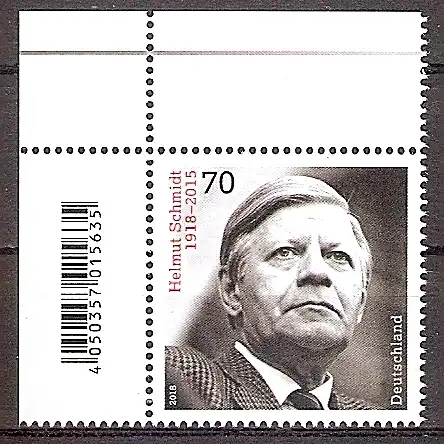 BRD 3429 ** 100. Geburtstag von Helmut Schmidt 2018 - Bogenecke o.l. - Barcode (201966)