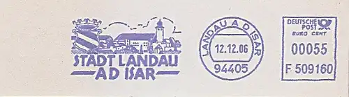 Freistempel F509160 Landau a. d. Isar - Stadt Landau a. d. Isar (Abb. Stadtpanorama mit Kirche und Wappen) (#464)