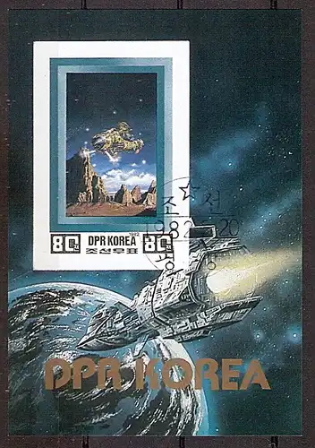 Korea-Nord Block 119 B o Raumfahrt der Zukunft 1982 / Raumschiff über Felslandschaft (2019175)