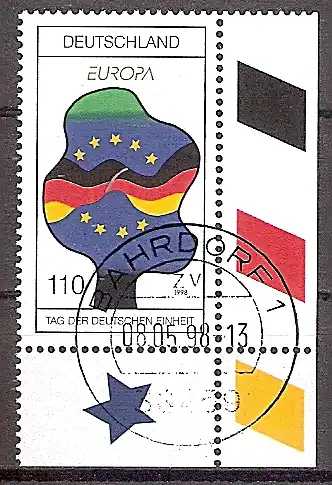 BRD 1985 o Europa CEPT 1998 - Tag der deutschen Einheit - Bogenecke u.r. - Vollstempel Bahrdorf (2019207)