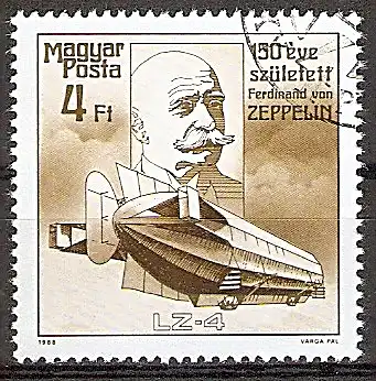 Ungarn 3943 A o 150. Geburtstag von Ferdinand Graf von Zeppelin 1988 / Luftschiff LZ-4 (1908) (2019211)