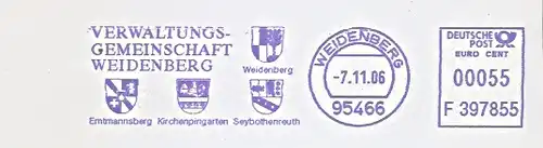 Freistempel F397855 Weidenberg - Verwaltungsgemeinschaft Weidenberg (Abb. Wappen Weidenberg, Wappen Emtmannsberg, Wappen Kirchenpingarten, Wappen Seybothenreuth) (#495)