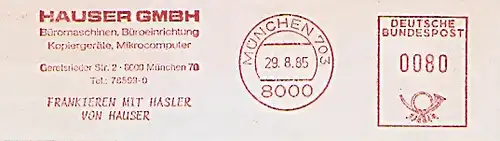 Freistempel München - HAUSER GMBH - Büromaschinen, Büroeinrichtung, Kopiergeräte, Mikrocomputer - Frankieren mit Hasler von Hauser (#640)