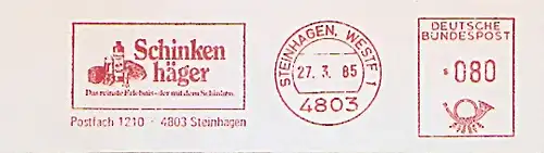 Freistempel Steinhagen - Schinkenhäger - Das reinste Erlebnis, der mit dem Schinken (Abb. Schinkenhägerflasche, Schinken, Brot) (#642)