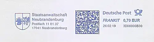 Freistempel 3D06000B30 Neubrandenburg - Staatsanwaltschaft (Abb. Wappen) (#707)