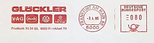 Freistempel Frankfurt am Main - GLÖCKLER (Abb. Logos VAG, Audi,VW, VW Nutzfahrzeuge) (#724)
