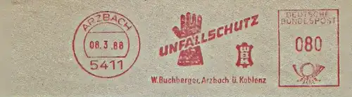 Freistempel Arzbach - W. Buchberger, Arzbach ü. Koblenz - UNFALLSCHUTZ WBK (Abb.Schutzhandschuhe) (#880)