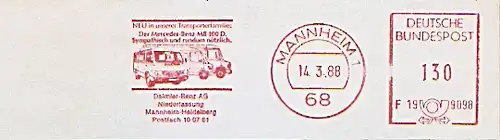 Freistempel F19 9098 Mannheim - Daimler Benz AG - Niederlassung Mannheim-Heidelberg - NEU in unserer Transporterfamilie: Der Mercedes-Benz MB 100 D. Sympathisch und rundum nützlich. (Abb. Mercedes Transporter) (#883)
