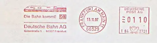 Freistempel E84 2721 Frankfurt am Main - DB Die Bahn kommt! - Deutsche Bahn AG (Abb. ICE) (#931)