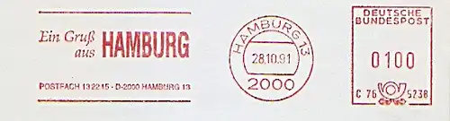 Freistempel C76 5238 Hamburg - Ein Gruß aus HAMBURG Postfach 13 22 25 D-2000 Hamburg 13 (#1035)