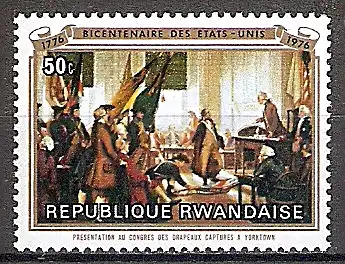 Briefmarke Ruanda Mi.Nr. 785 ** 200 Jahre Unabhängigkeit der Vereinigten Staaten von Amerika 1976 - Motiv: Präsentation der erbeuteten Fahnen von Yorktown im Kongress (#10023)