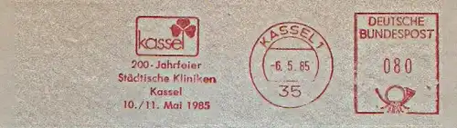 Freistempel Kassel - 200 Jahrfeier Städtische Kliniken Kassel 10./11. Mai 1985 (Abb. Kleeblatt) (#1214)