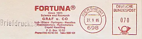 Freistempel Wertheim - FORTUNA Since 1923 Science and Research - GRAF u. CO - Lab, Glass, Syringes, Needles, Thermometers, Hydrometers, Liquid Handling (#1218)
