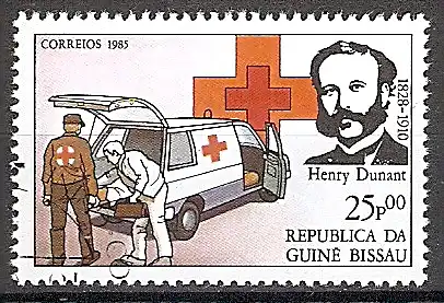 Briefmarke Guinea-Bissau Mi.Nr. 853 o Internationales Rotes Kreuz 1985 Motiv: Henry Dunant (1828-1910), schweizerischer Philanthrop und Mitbegründer des Roten Kreuzes, Friedensnobelpreis 1901 / Krankenwagen, Arzt, Helfer (#10049)