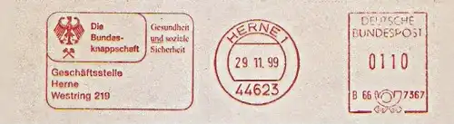 Freistempel B66 7367 Herne - Die Bundesknappschaft - Gesundheit und soziale Sicherheit - Geschäftsstelle Herne (Abb. Bundesadler, gekreuzte Hämmer) (#1281)
