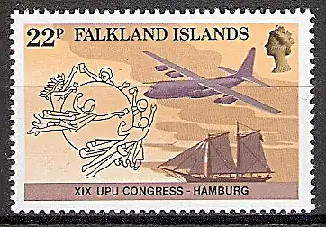 Briefmarke Falklandinseln Mi.Nr. 411 ** Weltpostkongress  Hamburg 1984 (UPU) Motiv: Flugzeug, Schoner, Emblem des Weltpostvereins (#10060)