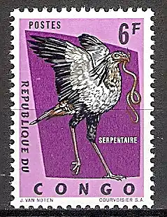 Briefmarke Kongo-Kinshasa Mi.Nr. 143 ** Geschützte Vögel 1963 Motiv: Vögel - Sekretär (Sagittarius serpentarius) (#10061)