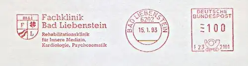 Freistempel E23 2101 Bad Liebenstein - Fachklinik Bad Liebenstein - Rehabilitationsklinik für Innere Medizin, Kardiologie, Psychosomatik (Abb. Wappen) (#1301)