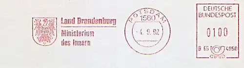 Freistempel B66 4950 Potsdam - Land Brandenburg - Ministerium des Innern (Abb. Wappen) (#1313)