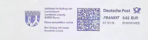 Freistempel 1D100010EE Borna - befördert im Auftrag von Landratsamt Landkreis Leipzig 04550 Borna (Abb. Wappen) (#1358)