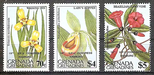 Briefmarke Grenada-Grenadinen Mi.Nr. 608-10 ** Weltpostkongress Hamburg (UPU) 1984 (Kompletter Satz! + Einzelmarke aus Block!) Motiv: Blumen mit Aufdruck (#10072)