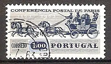 Briefmarke Portugal Mi.Nr. 938 o 100. Jahrestag der 1. internationalen Postkonferenz in Paris 1963 Motiv: Postkutsche (#10089)