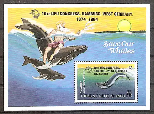 Briefmarke Turks und Caicos Inseln Mi.Nr. Block 50 ** Weltpostkongress, Hamburg 1984 (UPU) Motiv: Wale, Neptun (#10093)