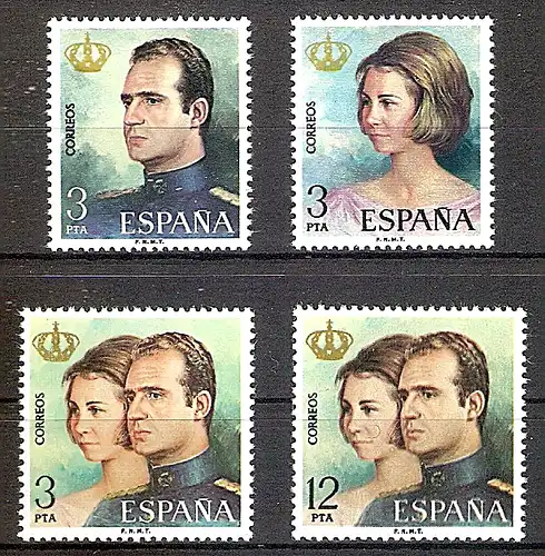 Briefmarke Spanien Mi.Nr. 2195-2198 ** Proklamation von Juan Carlos I. zum König von Spanien 1975 (Kompletter Satz!) Motiv: Könige - König Juan Carlos I., Königin Sophia, Königspaar (#10095)