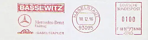 Freistempel F68 3263 Hagelstadt - BASSEWITZ - Mercedes-Benz Unimog - Linde-Gabelstapler (Abb. Mercedesstern) (#1381)