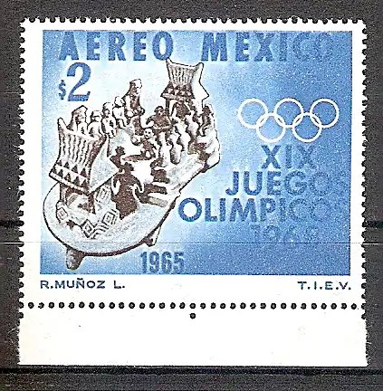 Briefmarke Mexiko Mi.Nr. 1196 ** Olympiade Mexiko 1968 Motiv: Sport - Tlachtli-Ballspiel-Platz mit Spielern, Schiedsrichtern und Zuschauern (#10128)