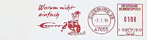 Freistempel F76 9112 Duisburg - Warum nicht einfach Emro ? (Abb. Känguru) (#1419)