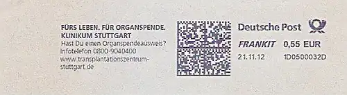 Freistempel 1D0500032D Stuttgart - Klinikum Stuttgart - Fürs Leben. Für Organspende. Hast Du einen Organspendeausweis ? (#1478)