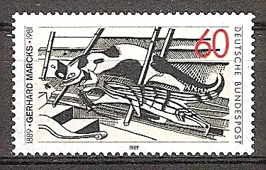 Briefmarke BRD - Bund Mi.Nr. 1410 ** 100. Geburtstag von Gerhard Marcks 1989 Motiv: Kunst - Holzschnitt, Katzen im Dachboden (#10167)