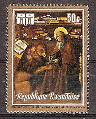 Briefmarke Ruanda Mi.Nr. 551 A ** Internationales Jahr des Buches 1973 - Motiv: Gemälde - Der heilige Hieronymus von Colantonio del Fiore (Heiliger Hieronymus zieht...
