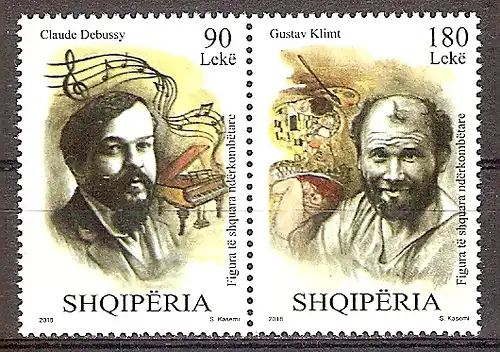 Briefmarke Albanien Mi.Nr. 3581-3582 ** Paar !!! RRR ! Persönlichkeiten 2018 - Motiv: Persönlichkeiten - Claude Debussy (Komponist), Gustav Klimt (Maler) (#10197)
