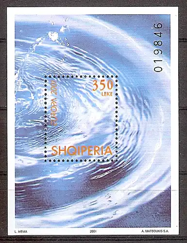 Briefmarke Albanien Mi.Nr. Block 130 ** Europa CEPT 2001 Lebensspender Wasser - Motiv: Wasser - Konzentrische Wellenbewegung (#10200)