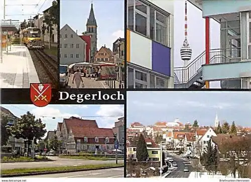 Ansichtskarte Deutschland - Baden-Württemberg - Stuttgart - Stuttgart Degerloch - Zahnradbahn \"Zacke\" Degerloch, Bezirksrathaus und Michaelskirche, Fernsehturm, Blick zur Epplestraße, Degerloch (Blick vom Hoffeld) (1235)