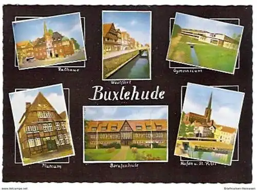 Ansichtskarte Deutschland - Niedersachsen - Buxtehude - Rathaus, Westfleet, Gymnasium, Museum, Berufsschule, Hafen und Sankt Peter (411)