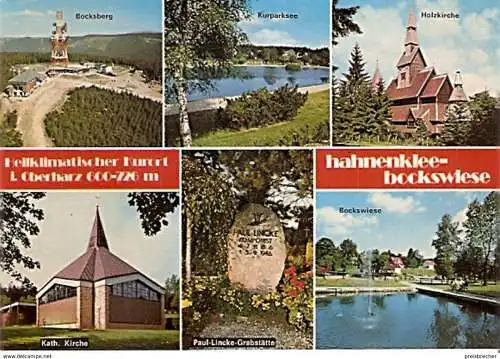 Ansichtskarte Deutschland - Niedersachsen - Hahnenklee-Bockswiese - Bocksberg, Kurparksee, Holzkirche, Kath. Kirche, Paul-Lincke-Grabstätte, Bockswiese (1188)
