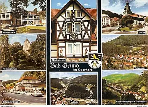 Ansichtskarte Deutschland - Niedersachsen - Bad Grund im Oberharz - Konzerthalle, Hübichenstein, Glockenspiel, Oberharzer Hof, Kirche, Teilansicht, Osteroder Strasse, Luftbild, Blick vom Iberger Kaffeehaus (1209)