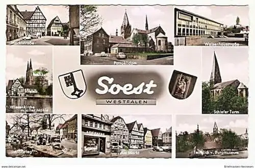 Ansichtskarte Deutschland - Nordrhein-Westfalen - 
Soest / Westfalen - Patroklidom, Waisenhausstraße, Schiefer Turm, Teilblick vom Burgmuseum, Am Markt, Markttag, Wiesenkirche mit alter Mühle, Marktstraße (1389)