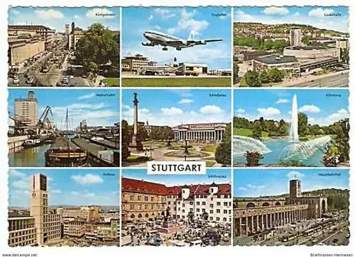 Ansichtskarte Deutschland - Baden-Württemberg - Stuttgart - Mehrbildkarte - Königstraße, Flughafen, Liederhalle, Neckarhafen, Schloßplatz, Killesberg, Rathaus, Schillerplatz, Hauptbahnhof (1390)