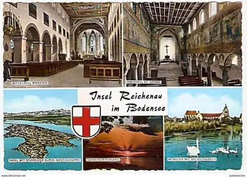 Ansichtskarte Deutschland - Baden-Württemberg - Insel Reichenau im Bodensee - Mehrbildkarte - Mittelzell Münster - Oberzell St. Georg - Insel mit Scheizer Alpen (Säntisgruppe) - Sonnenuntergang - Münster mit Wildschwänen (1288)