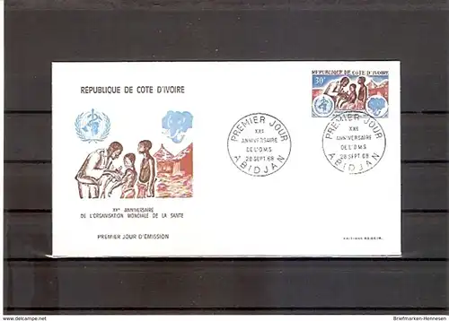 Briefmarke Elfenbeinküste Mi.Nr. 335 FDC 20 Jahre Weltgesundheitsorganisation (WHO) 1968 Motiv: Medizin - Arzt mit Impflingen; Emblem der Weltgesundheitsorganisation, Elefantenkopf (fdc18)