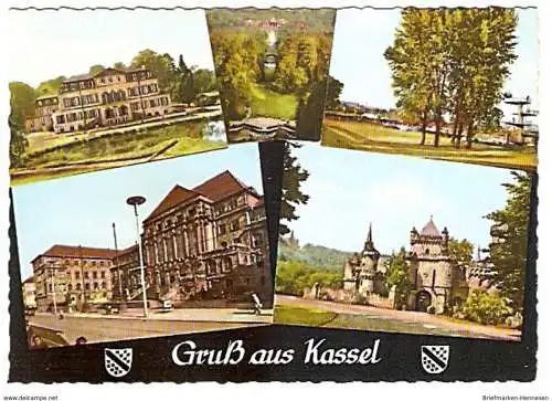 Ansichtskarte Deutschland - Hessen - Kassel - Rokokoschloß Wilhelmsthal, Schloß Wilhelmshöhe, Schwimmstadion am Auedamm, Neues Rathaus, Löwenburg (1358)