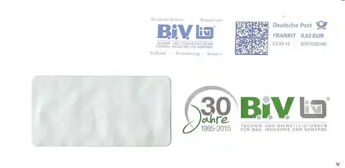 Freistempel 3D07000240 - B.i.V. Technik und Dienstleistungen für Bau, Industrie und Gewerbe - Baumaschinen Baugeräte - 30 Jahre 1985-2015 (#AFS28)