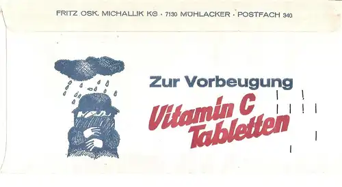 Freistempel Mühlacker - Michallik KG Mühlacker - Sanitäts- und Krankenhaus-Bedarf / Rückseite: Vitamin C Tabletten Werbung (#AFS33)