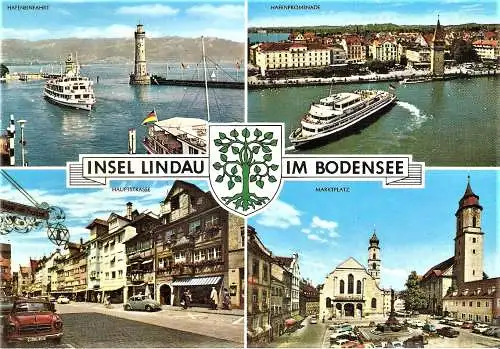 Ansichtskarte Deutschland - Bayern - Insel Lindau im Bodensee - Hafeneinfahrt, Promenade, Hauptstrasse, Marktplatz (1413)