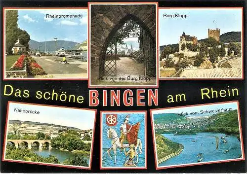 Ansichtskarte Deutschland - Rheinland-Pfalz - Bingen am Rhein - Rheinpromenade, Blick von der Burg Klopp, Burg Klopp, Nahebrücke, Wappen, Blick vom Schweizerhaus (1421)