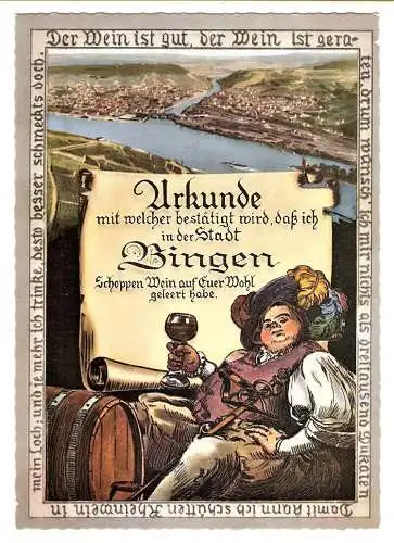Ansichtskarte Deutschland - Rheinland-Pfalz - Bingen am Rhein - Landsknecht mit \"Urkunde Schoppen Wein\" (1423)